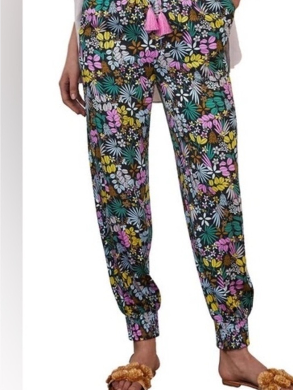 NWT Boden Black Floral Drawstring Jogger Pants with Pink, Yellow & Green Accents